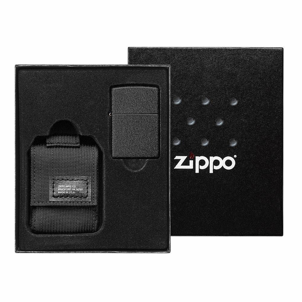 Zippo Molle Pouch OD Black + Black Crackle Lighter - Gave Ide fra Zippo hos The Prince Webshop
