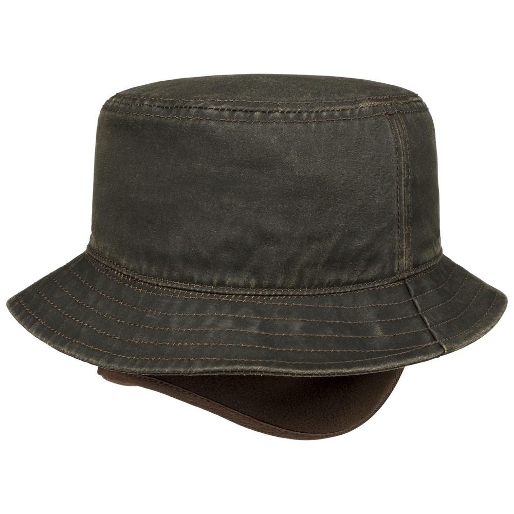 Stetson CO/PES Bucket Hat with Ear Flaps - Brunt Oilskins Look - Bucket Hat fra Stetson hos The Prince Webshop