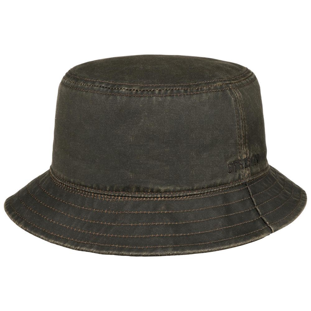 Stetson CO/PES Bucket Hat korvaläppäillä - Brown Oilskins Look - Bucket Hat Stetsonilta The Prince Webshopissa