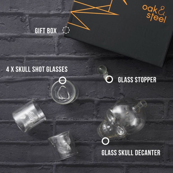 Oak & Steel - Skull Whiskey Decanter Set - Karaffel + 6 Shot Glas - Whiskey Karaffel fra Oak & Steel hos The Prince Webshop