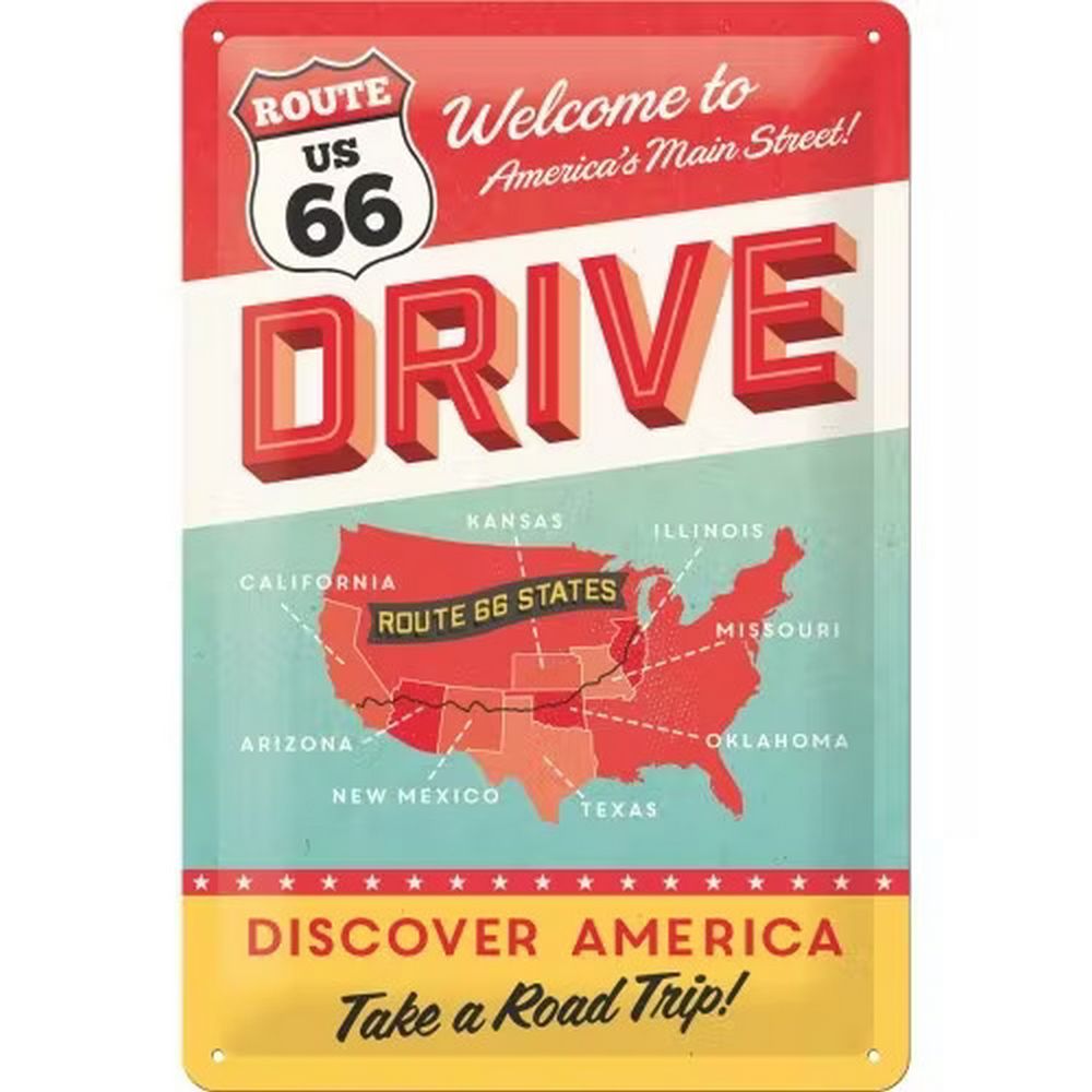 Retroworld Metalskilt Route US 66 Discover AMERICA - 20 x 30 cm - Metalskilt fra Retroworld hos The Prince Webshop