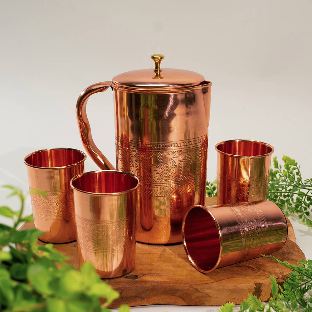 Ren Kobbersæt: Kande (±1,5 l) + 4 Krus Blomsterkant