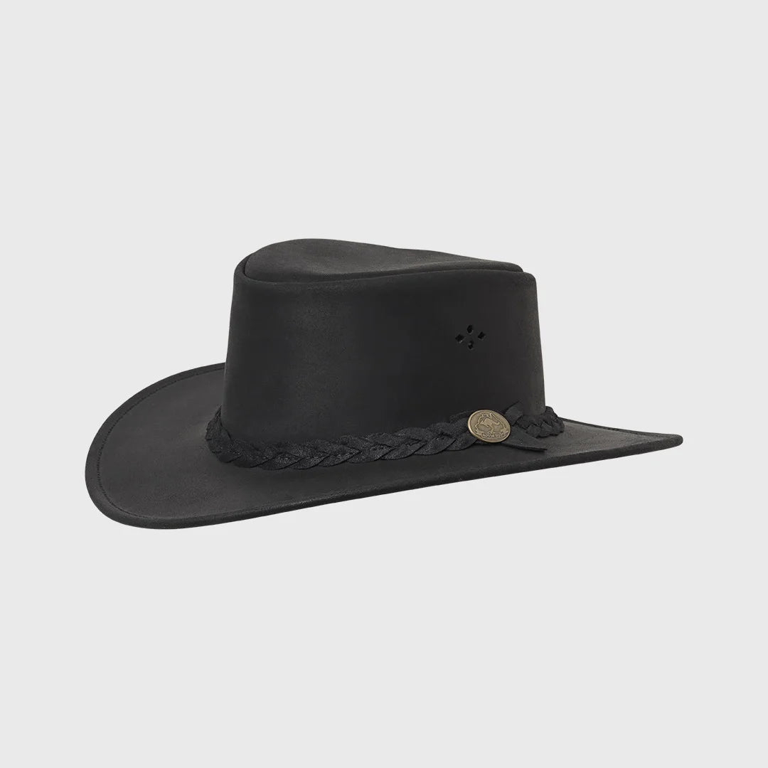 Aussie Bush Cow – Sort Squashable Læderhat - Traveller Hat fra MJM Hats hos The Prince Webshop