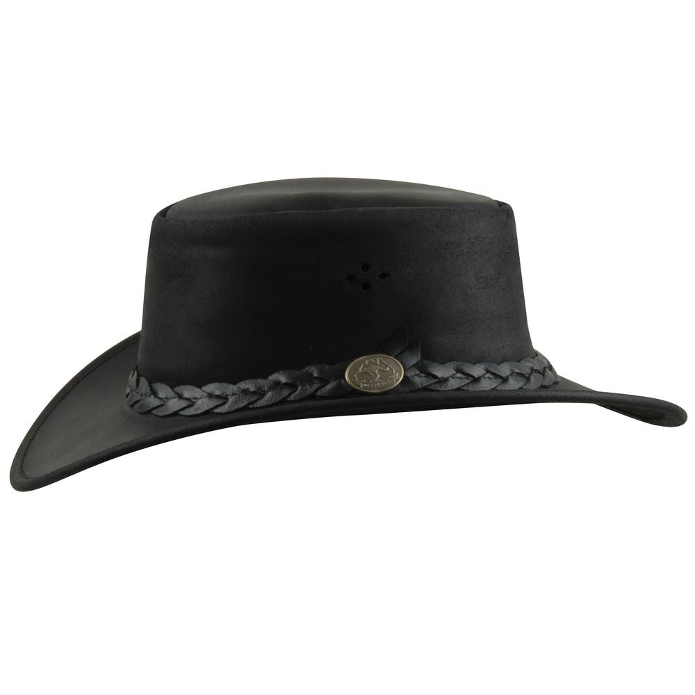 Aussie Bush Cow – Sort Squashable Læderhat - Traveller Hat fra MJM Hats hos The Prince Webshop