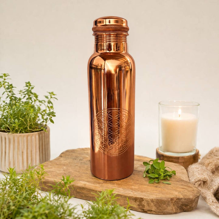 Ren poleret kobber vandflaske Flower of Life - 1 liter