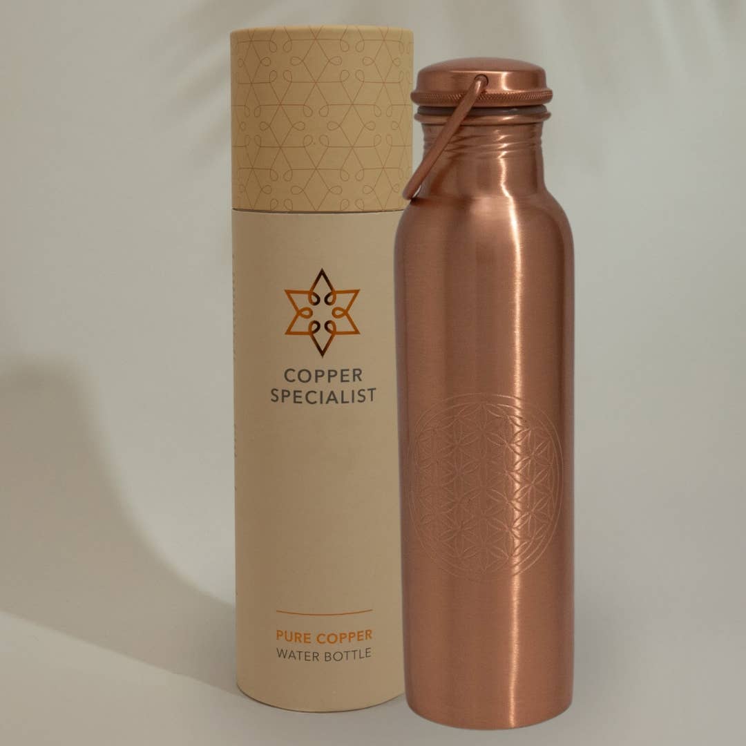 Puhdaskuparinen vesipullo elämänkukka kahvalla ± 950 ml
