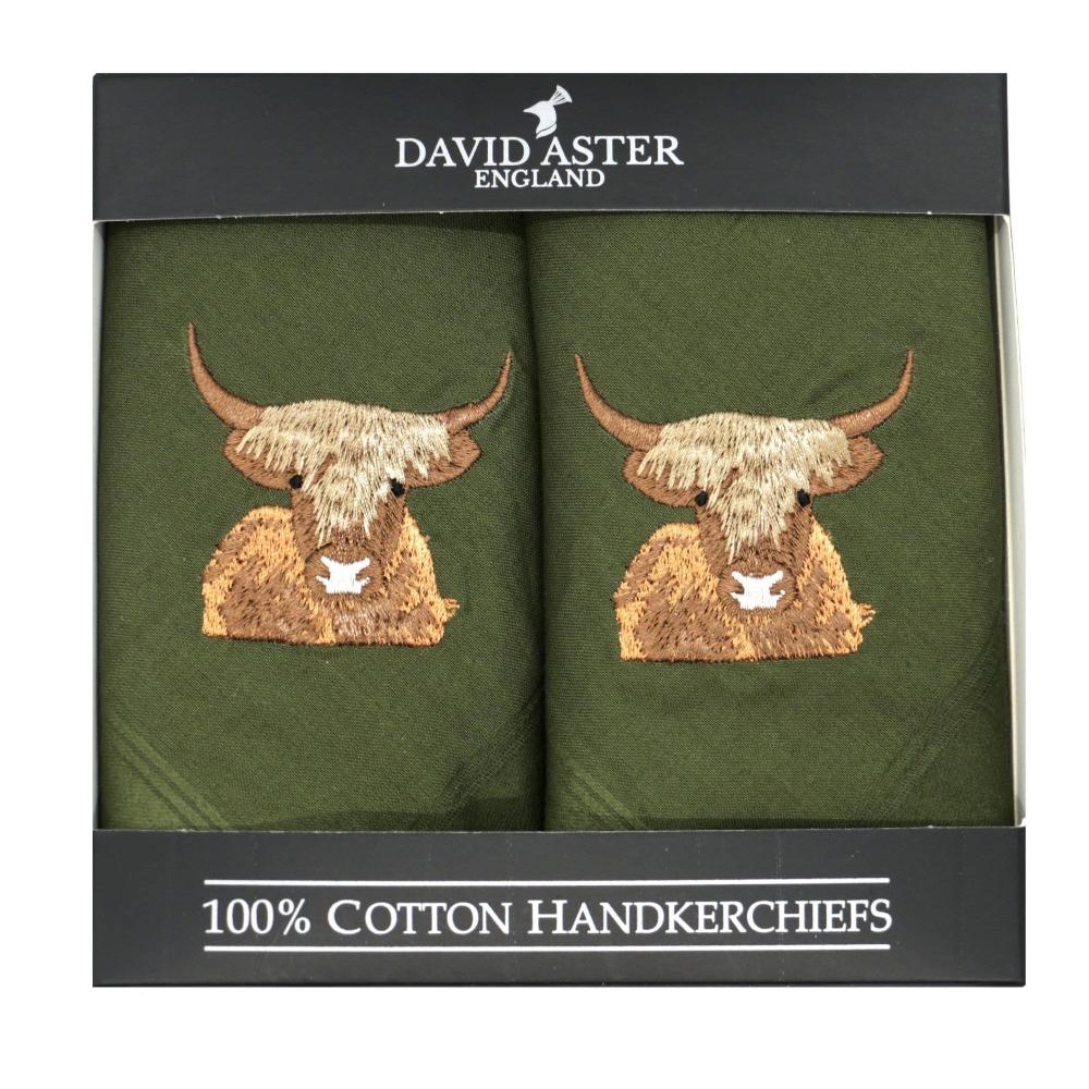 David Aster Highland Cow Embroidered Green Cotton Handkerchiefs - Lommetørklæde fra David Aster Collection hos The Prince Webshop