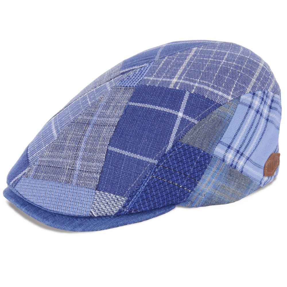 MJM Daffy 3 Flat Cap - Linen MIx Blå Patchwork Sixpence - M (58 cm) - Flat Cap fra MJM Hats hos The Prince Webshop